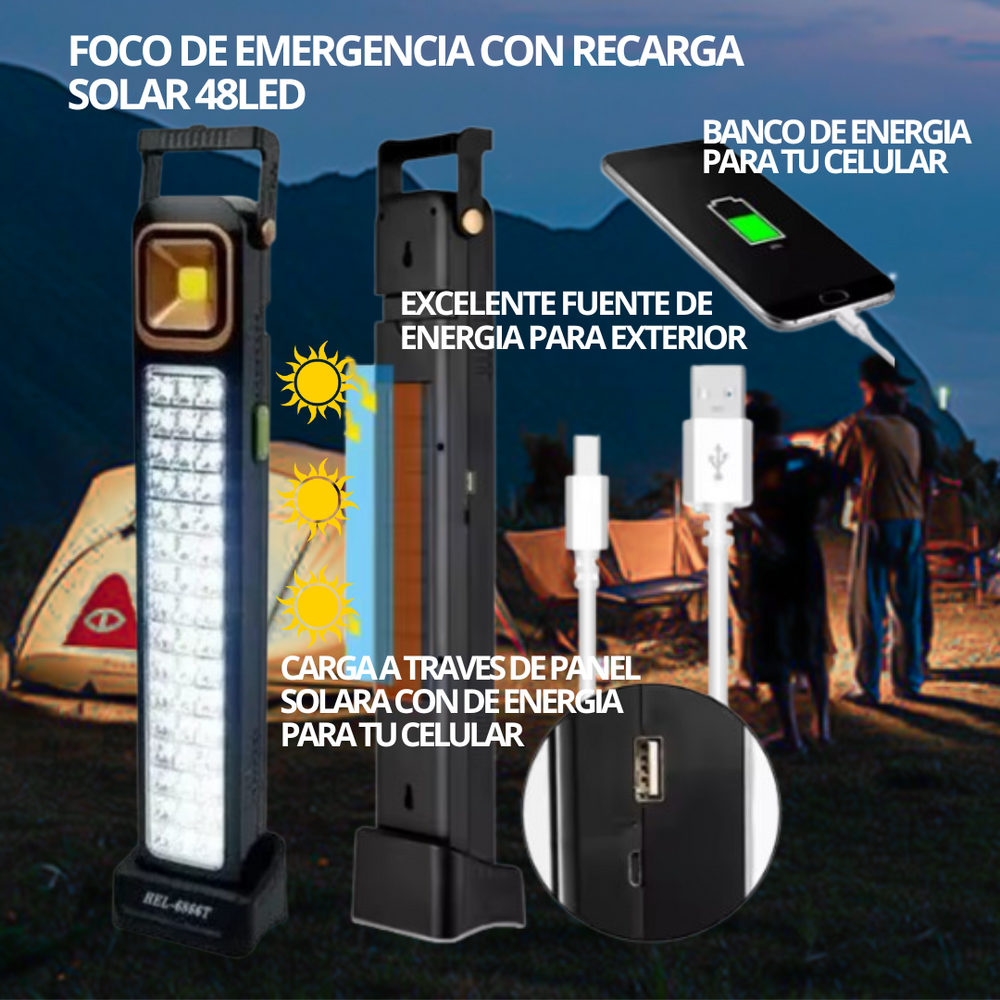 LUZ DE EMERGENCIA PORTATIL DE RECARGA SOLAR 48 LED USB Y CARGA TIPO C